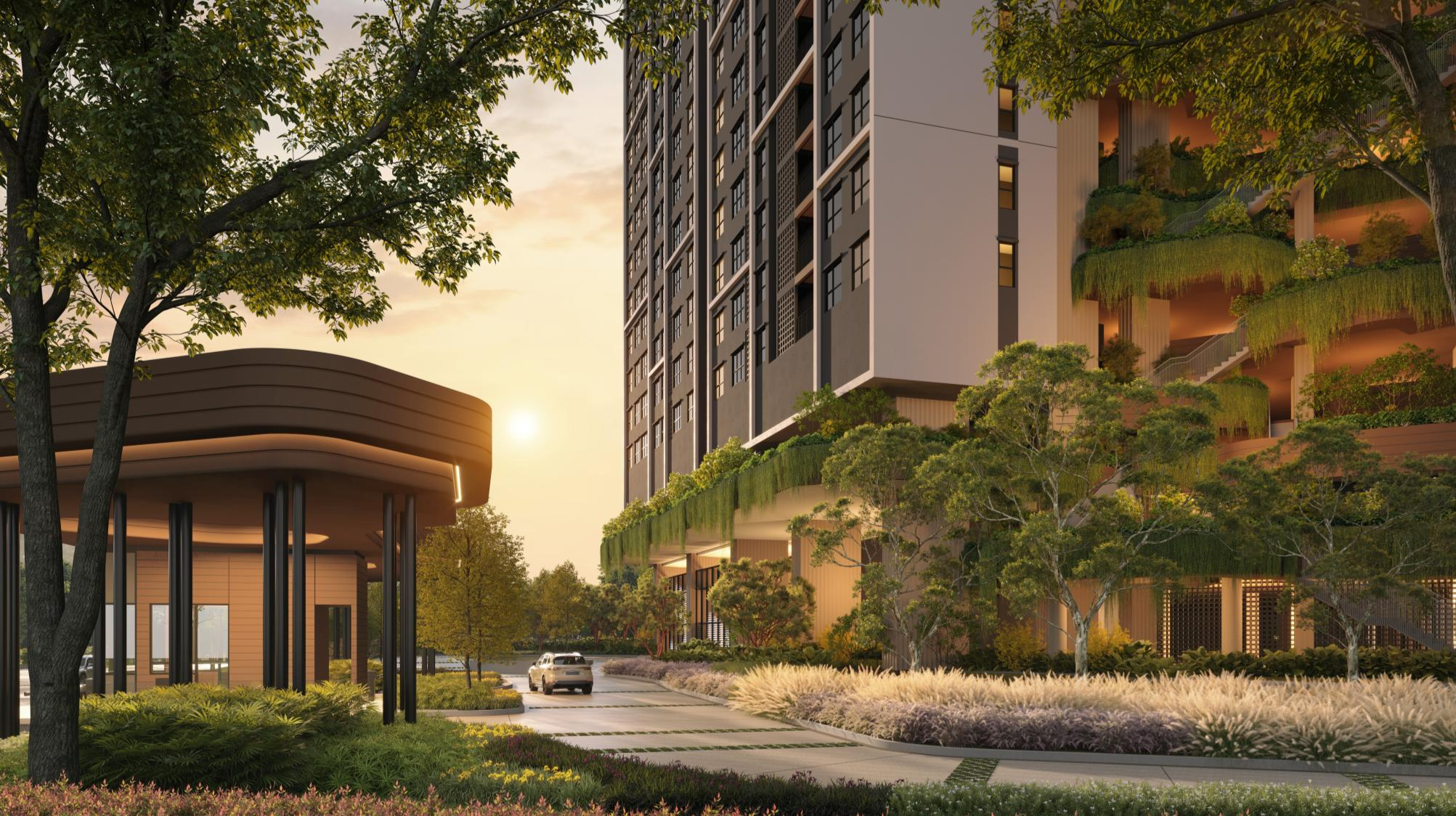 Ophira Botanical Court artist’s impression showing planted landscaping and an outdoor pedestrian walkway