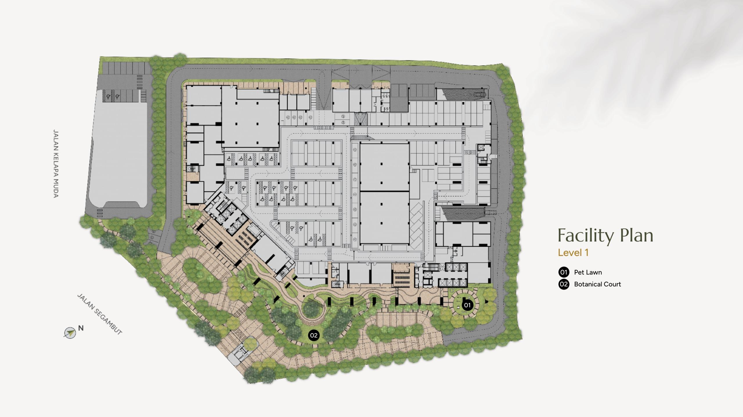 Official Level 1 facility plan showing Pet Lawn and Botanical Court