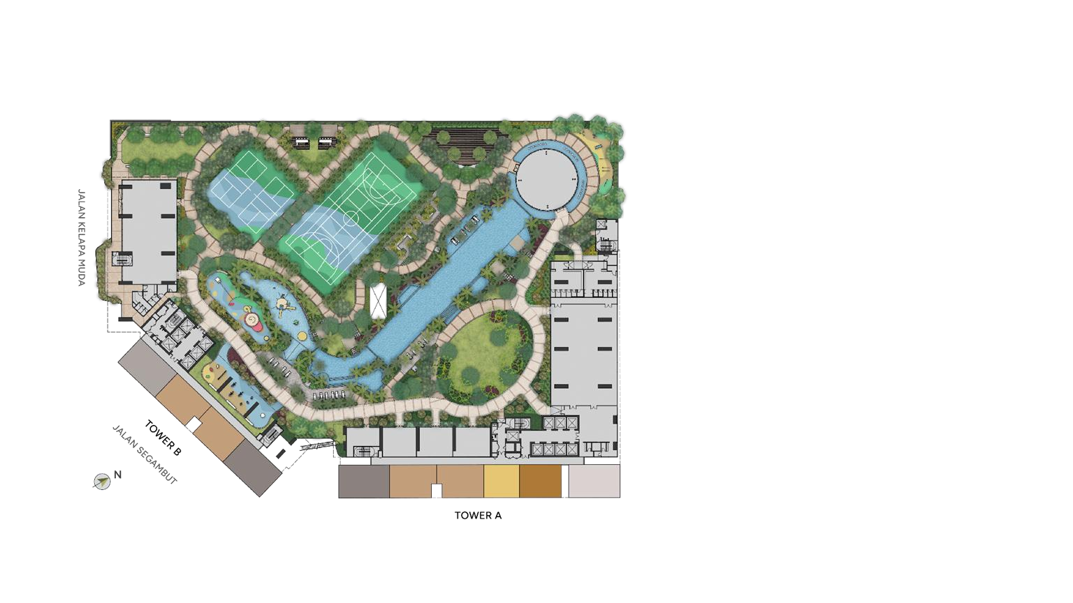 Official Podium Level 10 facility plan showing pools, courts, gardens and indoor amenities