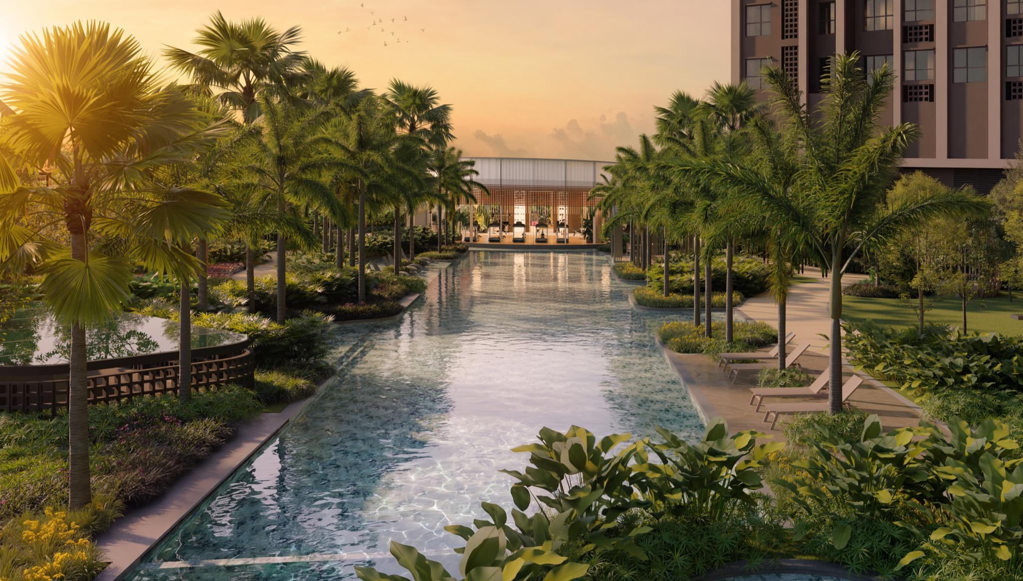 Landscaped 50 metre lap pool and resort facilities at Ophira Resort Residences